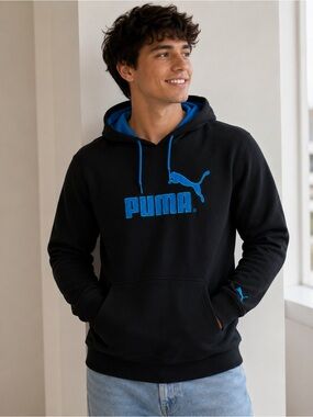 PUMA Black Hoodie with Blue Logo and Lined Hood
